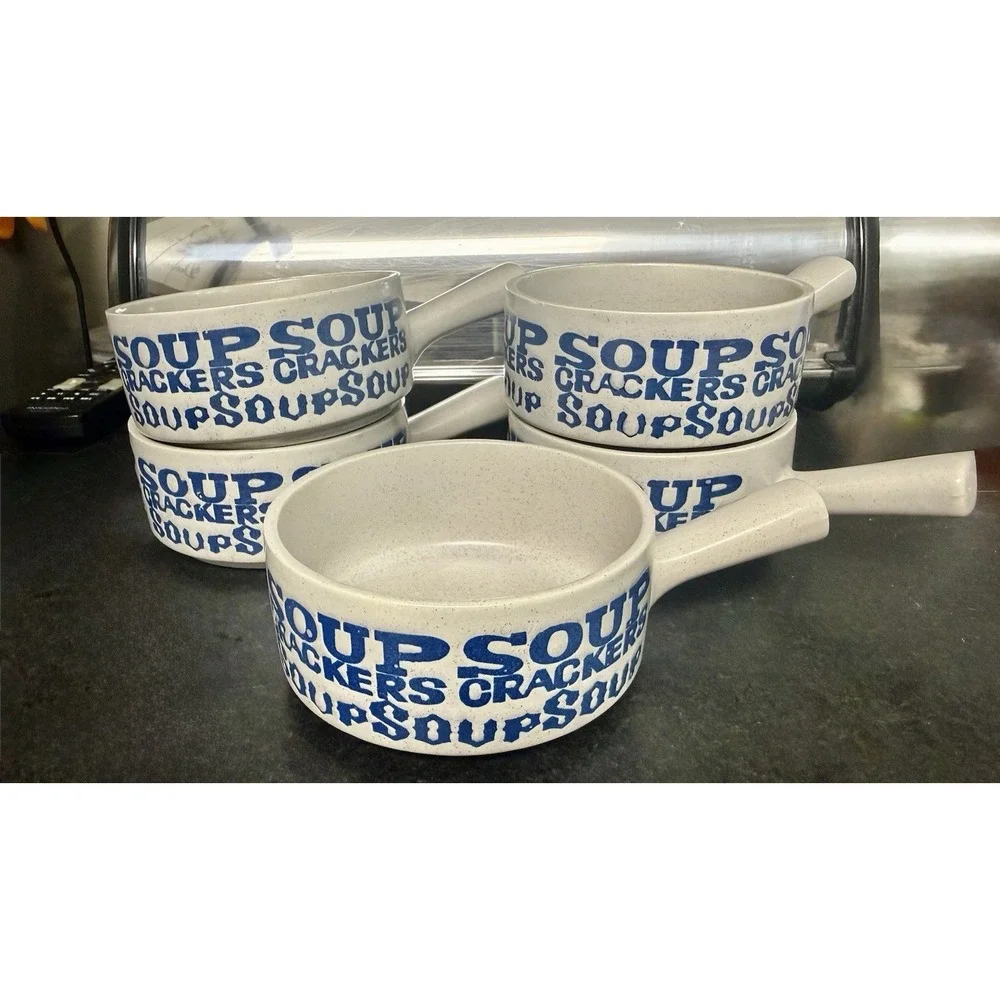 5-Vintage Stackable 1970s Apex Stoneware Soup and Crackers Handled Bowls
